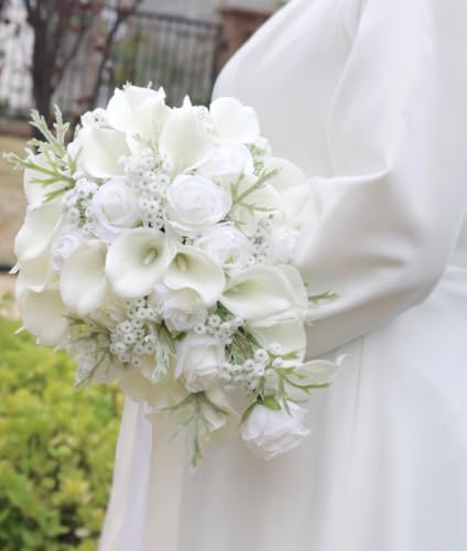 10.2 Inch Cascading Bride Bouquet for Wedding Cascade Artificial White Rose and Calla Lily Flower Waterfall Bridal Wedding Bouquet Rustic Bridal Shower - color: White Rose, Calla Lily & Gypsophila