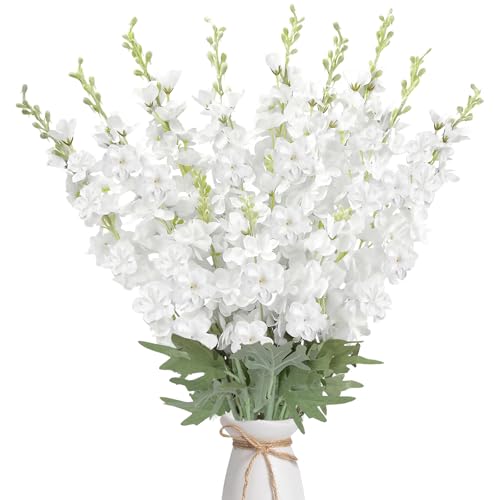 16Pcs White Delphinium Artificial Flowers 33.5'' Long Stem Silk Larkspur Flowers Bulk Faux Silk Flowers for Tall Vase Wedding Table Centerpieces Home Garden Outdoor Decor（White） - color: White
