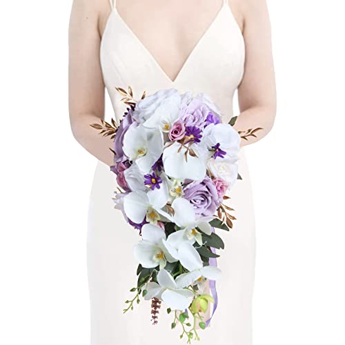 Bridal Bouquets for Bride, 11 Inch Artificial Flowers Bridal Bouquet Cascading Wedding Bouquets for Bride for Wedding Ceremony and Anniversary(White Purple) - color: White Purple