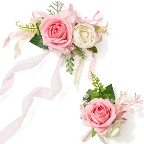 Alecono Pink Corsage and Boutonniere Set, Corsages for Bride Bridesmaid Groom Bridegroom, Artificial Flowers for Prom Graduation Ceremony Anniversary - color: Pink, size: Corsage and Boutonniere Set