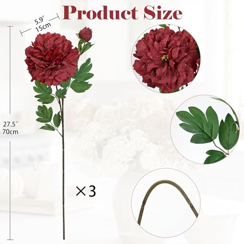 Dark Red Peonies Artificial Flowers 3Pcs Fall Flowers for Fall Decoration 27.5" Real Touch Silk Faux Peony Flower with Stems for Home Autumn Floral Arrangement Vase Table Centerpieces Bouquet Decor - color: Dark Red Peony