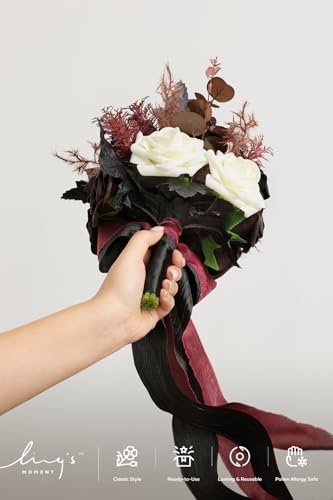 Ling's moment Black Artificial Wedding Flower Bouquets for Bridesmaids Burgundy Floral Bouquet Mashala Bridesmaid Bouquets with Ribbon Ceremony Anniversary,7-inch Diameter - color: Red-burgundy Red & Black