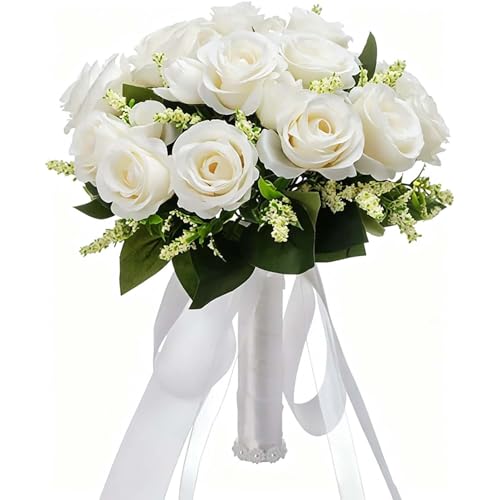 CYANLUX Wedding Bouquets for Bride Bridesmaid Bouquet Champagne White Artificial Roses Flowers for Wedding Valentine's Day Church Home Decoration (1#White)… - color: 1#white
