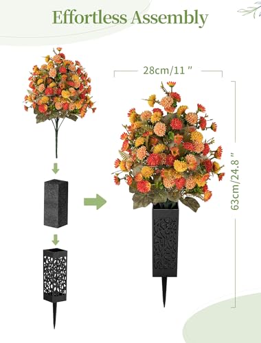 Artificial Cemetery Flowers for Grave: 2 Pcs Fake Fall Flowers for Cemetery Orange Mums Bouquets with Vases - Outdoor Grave Decorations - color: Orange & Red