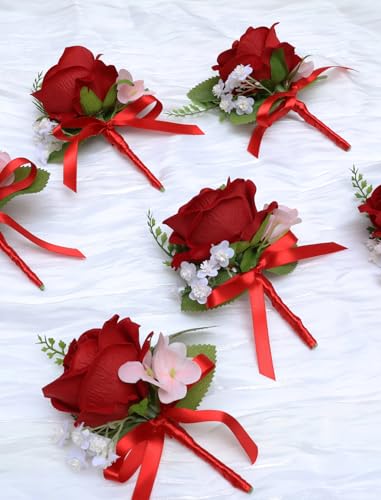 Marriwise 6pcs Rose Boutonniere for Men, Artificial Flowers Wedding Groom Groomsmen Boutonniere for Wedding/Anniversary/Prom/Rustic Wedding/Homecoming (Red) - color: Red
