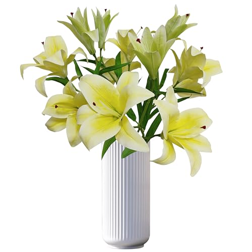 Artificial Lily Flowers,4 Pcs Faux Lily Flowers,32.5 Inch Long Stem Tiger Lily Branch with 2 Full Blooms and 1 Bud, Latex Real Touch Lilium Flower for Wedding Bouquet (4, Yellow) - color: Yellow