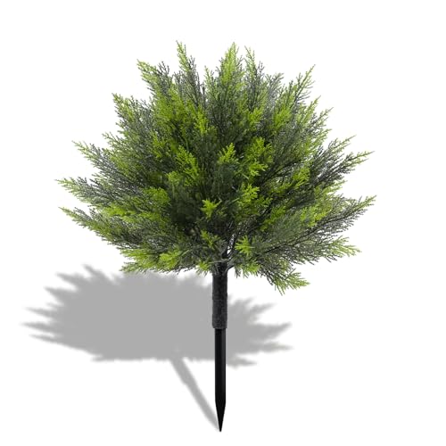 Bdor 24" Artificial Cedar Topiary Bush with Ground Stake, UV Resistant Fake Cedar Shrubs for Outdoors, Weatherproof Faux Greenery Plants for Garden, Patio, Yard, 2 Pack - style: cedar