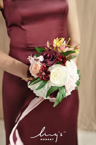 Ling's moment Artificial Flowers Marsala Red & Pink Bridesmaid Bouquet Set of 4, Wedding Flowers Bouquets for Bridesmaids, 7 Inch Bridal Bouquets for Bridesmaids, Wedding Decor, Ceremony, etc - color: Red-marsala & Blush