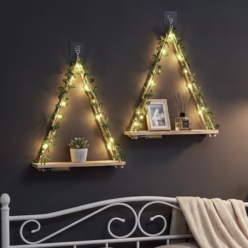 RICHER HOUSE Artificial Ivy LED-Strip Wall Hanging Shelves, Macrame Shelf for Bedroom Bathroom Living Room Kitchen, Wood Hanging Plant Shelves for Wall Décor - color: Ivya*1