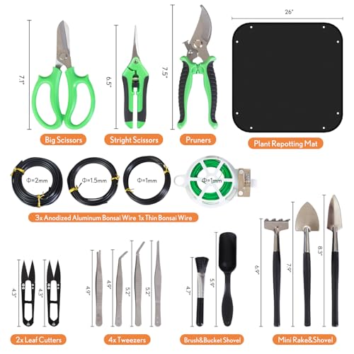 Bonsai Tools Kit 20 Pcs Garden Tools Set for Starters, Gardening Gifts for Women Men Includes Bonsai Wire Kit, Plant Mat, Pruning Shears, Bonsai Scissors, Succulent Tools in Leather Storage Bag - style: Green
