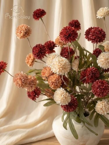 9pcs Fake Flowers Silk Mini Mums with Stems, Burnt Orange Faux Chrysanthemum Pompon Balls Artificial Flower Bulk for DIY Wedding Centerpieces, Vase Fillers, Floral Arrangements & Home Decor - color: Mixed Orange