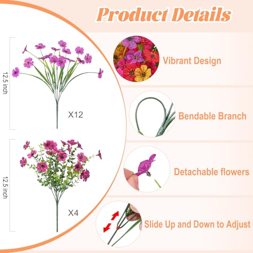 Ammyoo 16 Bundles Artificial Flowers for Outdoor Decoration, Fake Flowers No Fade UV Resistant Faux Silk Flower Plants for Outside Planters Garden Yard Porch Patio Balcony Indoor Decor(Mix) - color: 5 Colors（red, Purple, Yellow, Rose Red, Fuchsia)