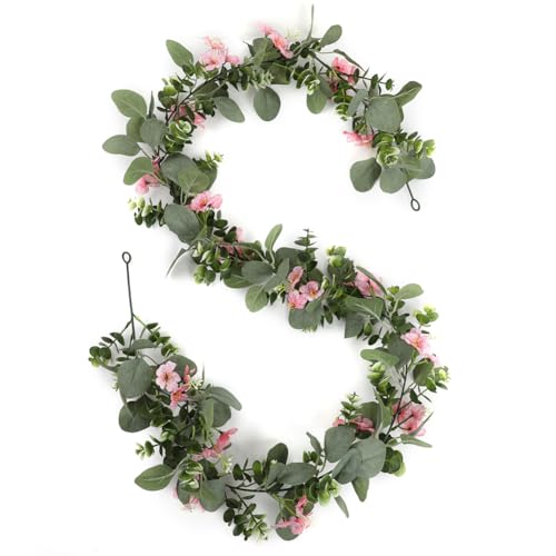 2Pack Eucalyptus Flower Garland with Violet 5.9Ft Artificial Ivy Greenery Hanging Vine Fake Ivy Floral Plants Garland for Wedding Outdoor Garden Party Background Table Runner, Total 11.8Ft, Pink - color: Pink Violet