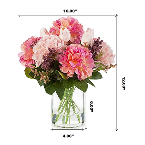 ENOVA FLORAL Tulip Real Touch Artificial Flower Arrangement with Vase, Mixed Dahlia Silk Flower in Vase for Dining Table Decorations, Wedding Centerpiece (Pink) - color: T& Dahlia Pink