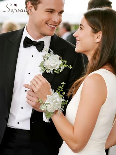 Serwalin 2 Pcs Wrist Corsage and Boutonniere Set, 6-7 Inch Ivory White Corsage for Wedding, Boutonniere for Men Corsage Wristlet Prom Ceremony Anniversary Accessories Suit - color: Ivory White, size: 1 Boutonniere & 1 Wrist Corsage-2pcs