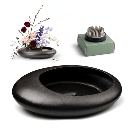 Ikebana Bowl Kit - Ikebana Vase (Japanese Flower Bowl Vase) with 1.8'' Floral Frog, Ikebana Set for Japanese Flower Arrangement (Black, 1.8'' Floral Frog Included) - color: Black, size: 1.8'' Floral Frog Included