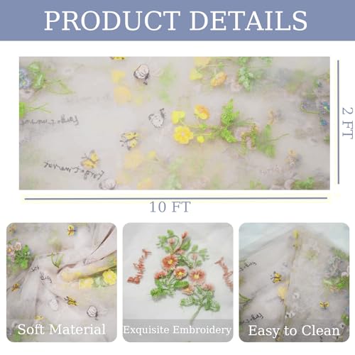 White Floral Table Runner 10ft Embroidery Tulle Spring Wildflower Table Runner Seasonal Summer Butterfly Kitchen Dining Gauze Decoration for Baby Shower Wedding Party Birthday (1 Pcs) - color: White