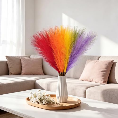 50pcs Pampas Grass 21.6 Inch Non-Shedding Faux Pampas for Modern Neutral Home, Boho Wedding and Cream Tone Vase Arrangements Red Orange Yellow Green Purple - color: Mixed Color3