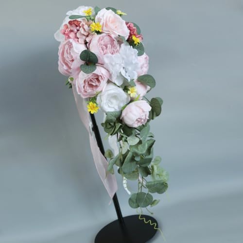 9.8 Inch Cascading Bridal Bouquet Waterfall Cascade Wedding Bouquet Bride with Artificial Rose Peony Flower Rustic Boho Wedding Ceremony Bouquet Pale Pink and White - color: Pale Pink & White