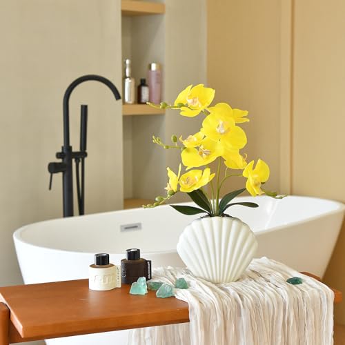Artificial Phalaenopsis Orchid Plant in Seashell Pot, 16" Fake Orchid Flowers, Silk Faux Orchids for Home Decor, Office, Table Centerpiece, Real Touch Lifelike Indoor House Plant (Yellow) - color: Yellow