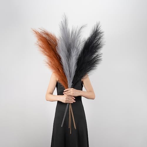 Pampas Grass Decor Tall, 43"/110cm Faux Pampas Grass 6 Stems Large Pompass Grass Branches Tall Bulk Boho Flower Arrangement for Home Room Wedding Party Decor - color: Black& Yellow Curry& Light Gray