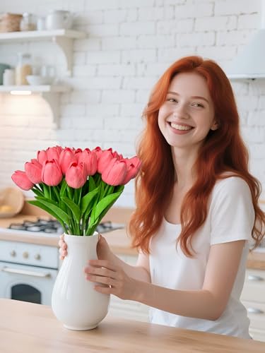 15 Pcs Artificial Tulip PU Fake Flower Realistic Touch Spring Summer Fake Flowers for Home Decor Outdoor Garden Parties and Wedding - color: Deep Pink