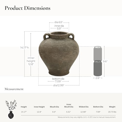 LuxenHome Rustic Large Flower Vase,14'' Tall Brown Terracotta Cauldron Vase,Farmhouse Decorative Vases for Dining Table Decor,Vintage Pottery Ceraimc Vase Living Room Office Home Decor - size: Medium