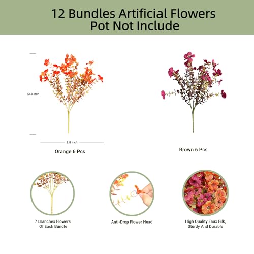 Artificial Flowers for Outdoors UV Resistant, 12 Bundles Realistic Faux Daisy with Eucalyptus Leaves Fake Plants for Porch Patio Planter Garden Decoration (Brown Orange) - color: Brown Orange