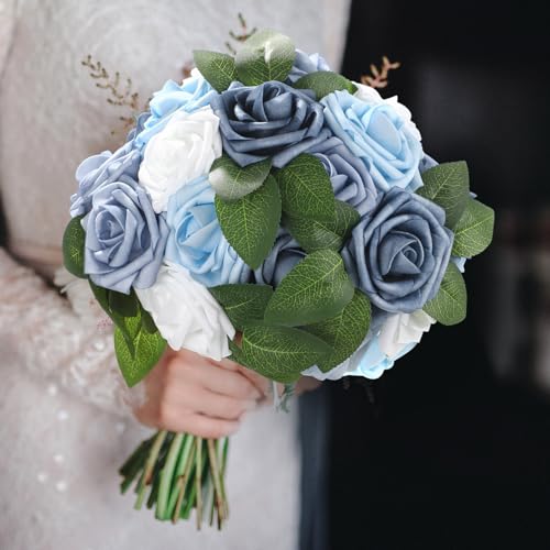 100 Pcs Artificial Foam Rose Flower Faux Bouquet Wedding Fake Rose Gift for Mother's Day Women DIY Bridal Shower Party Table Birthday Home Spring Decor (Blue and White Gradient) - color: Blue and White Gradient