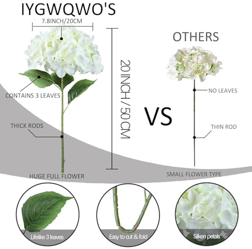 6PCS White Large Silk Hydrangea Flowers, 20 in Full Faux Hydrangea Artificial Flowers with Stems Leaves for Fake Lifelike Spring Bouquets Wedding Party Table Centerpieces Indoor (White) - color: White