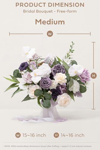 Ling's moment Lilac Wedding Bouquets for Bride, Purple Bridal Bouquets for Bride, 15 Inch Free Form Artificial Wedding Flower Bouquet - color: Prpl-lilac & Gold, size: Medium 15 Inch