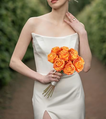 IPOPU 10PCS Orange Roses Artificial Flowers Vintage Silk Fake Flower Bouquet Faux Roses with Long Stems for Wedding Bouquet Table Centerpiece Home Party Decor(Orange) - color: Orange