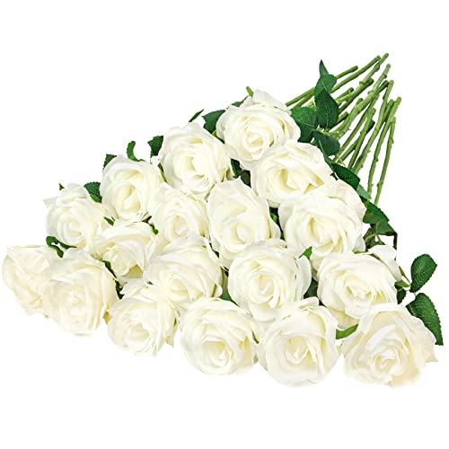 Ouddy Decor 20 Pcs White Roses Artificial Silk Flowers Fake Roses Bouquet with Long Stems for Mother's Day Decor Wedding Home Party Table Centerpieces Bridal Bouquet DIY Floral Arrangment, White - color: White, size: 20 Packs