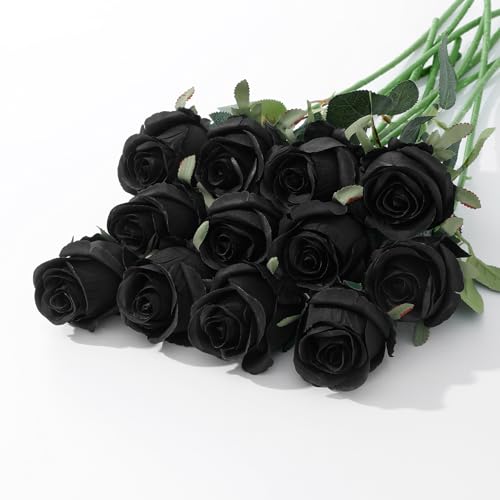 12Pcs Realistic Fake Roses Faux Flowers with Long Stems, Artificial Silk Rose Flowers for Valentines Day Home Wedding Decor Bridal Bouquet (Black) - color: Black