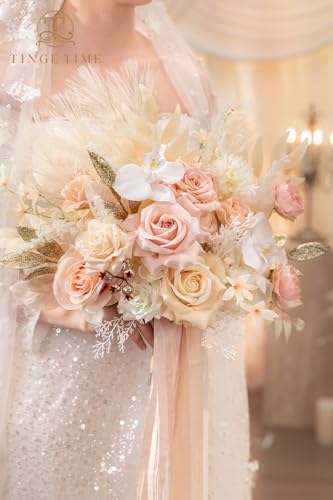 TINGE TIME 13 Inch Artificial Flower Wedding Bouquets for Bride, Cascading Bridal Bouquet for Wedding Bouquet for Wedding Ceremony and Anniversary(Champagne&Pink) - color: Champagne&pink