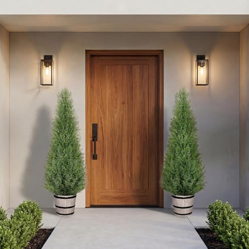 Artificial Cedar Trees 4FT Faux Cedar Topiary Evergreen Plants Outdoor Indoor Fake Cypress Pine Trees with Barrel Planter for Front Porch Entryway Patio Garden Home Decor Set of 2 - size: 4ft