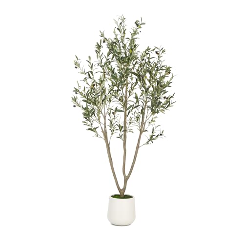 VIVATREES Olive Trees Artificial Indoor, 6FT Tall Faux Olive Tree with White Tall Planter, Artificial Plants with Natural Wood Trunk and Lifelike Fruits for Home Office Decor - color: White-6ft
