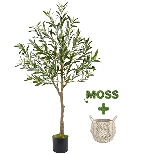 Warmplants Artificial Olive Tree, 4ft Tall Fake Olive Leaves Plant with Basket, Indoor Outdoor Faux Olive Topiary Silk Tree for Home Livingroom Office Décor - size: 4ft