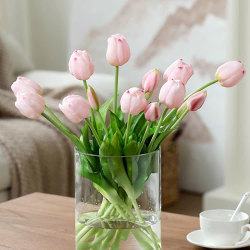 mizii 15Pcs Pink Tulips Artificial Flowers Latex Plastic Real Touch Fake Tulips Flowers Look Real Faux Tulip Flower Bouquet Decoration for Vase Room Table Centerpieces Home Decor (Light Pink) - color: Light Pink