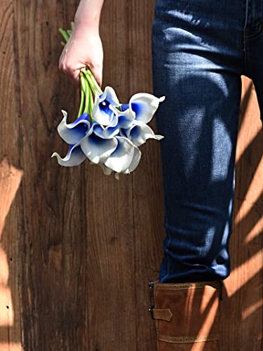 FiveSeasonStuff Real Touch Calla Lily Artificial Flowers Wedding Bridal Bouquet | Floral Arrangements | 15 Calla Lilies (Silk White & Abyss Blue) - color: Silk White & Abyss Blue
