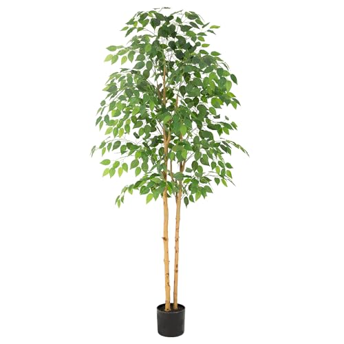 Bellacat 6ft Ficus Tree Artificial with Double Real Wood Trunks, 72in Faux Ficus Tree with Lifelike Leaves, Fake Ficus Tree for Living Room Bedroom Office Decor - color: Green With Double Trunks, size: 6ft