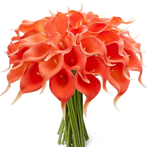 24 Pcs Artificial Calla Lily Flowers Fake Silk Flowers Real Touch for Wedding Bouquet Office Home Kitchen Decor (Coral) - color: Coral