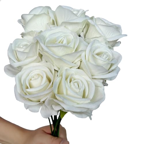 FagusHome 30 Pcs Silk Rose Artificial Flowers Roses Bulk Bouquet Fake Flowers Rose Heads with Stems for Home Wedding Decor (White) - color: White