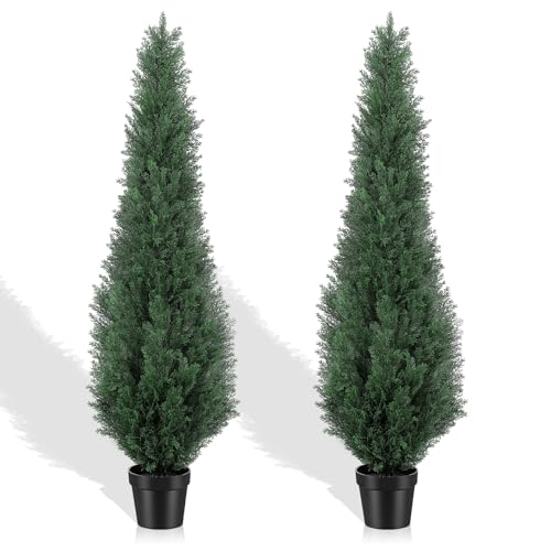 5FT Artificial Cedar Trees, Set of 2 - UV Resistant Realistic Faux Evergreen Cypress Trees, Adjustable Branches, All Weather for Front Porch, Outdoor Planters, Indoor Home Decor - size: 5ft