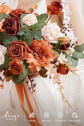 Ling's moment Terracotta Bridal Bouquet, Burnt Orange, 15 Inch | Free Form, Artificial Flowers, Wedding - color: Or-terracotta, size: Medium 15 Inch
