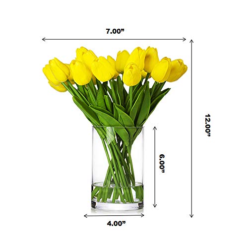 20 Pieces Artificial Real Touch Tulips Flower Arrangement in Glass Vase with Faux Water for Home Decoration (Yellow) - color: Yellow