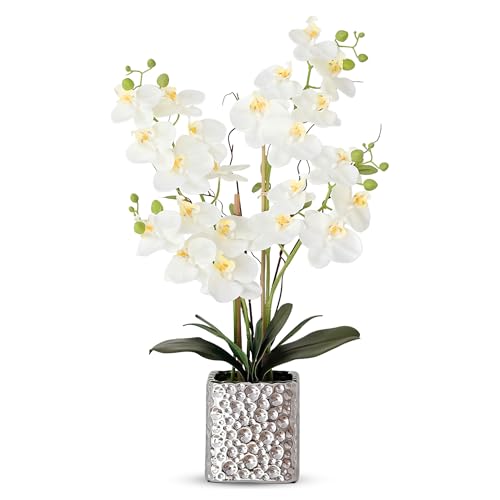 Orchid Artificial Flowers with Sliver Vase Large Silk Faux Phalaenopsis Flowers for Dining Room Table Floral Centerpieces Indoor Decoration,White - color: 1302-white