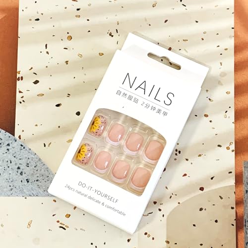 French Press on Nails Square Short Sets, 24Pcs Glossy Artificial Nude Fake Nails with Sunflower Designs, Full Cover Acrylic Coffin False Fingernails with Charm for Women Girls