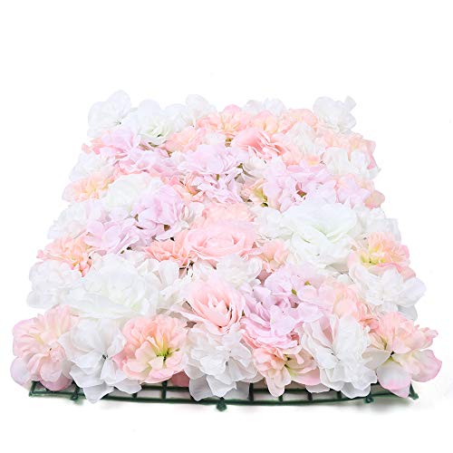 DNYSYSJ Flower Wall 12 PCS 23.62''x15.75'' 0.79'' Hydrangea Artificial Rose Flowers Panel Silk Fabric Mat for Garden Patio Wedding Stage Indoor Outdoor Decor, Champagne White Pink - color: Champagne White Pink, size: 12 pieces