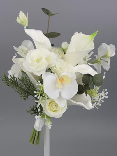 Rinlong 9.8" Wedding Bouquet, White Green Silk Posy Bridal Bouquet | Prom, Homecoming, Wedding, Destination Friendly - color: 34-white Orchid